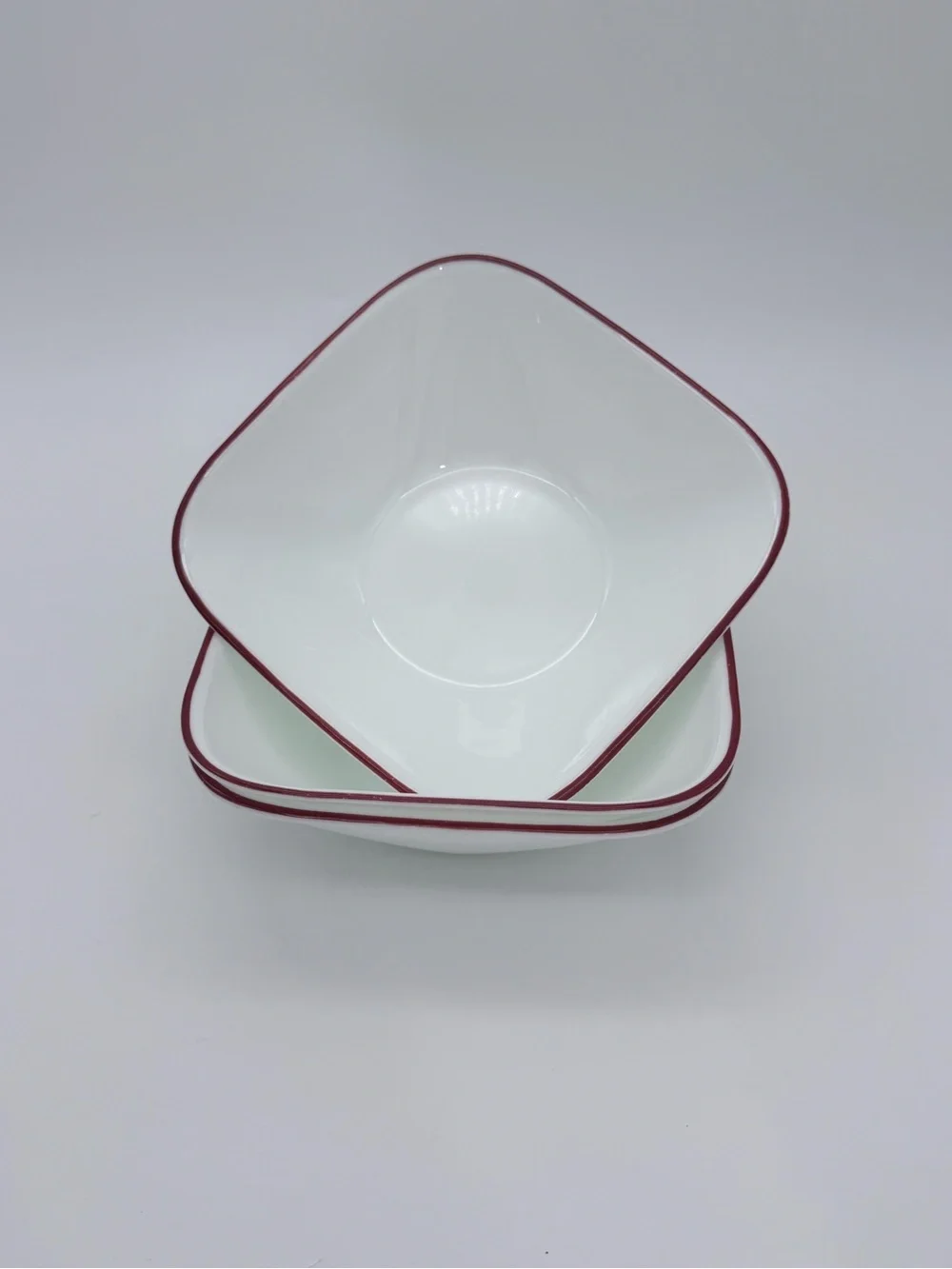Corelle Vitrelle Square White Cereal Bowls Radiant Red Band Rim 6-1/4” Set Of 3